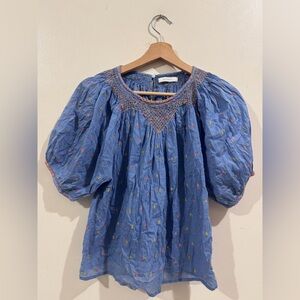 Doen Blue Puff Sleeve Blouse with Multicolor Embroidery